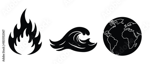 Fire wave and earth planet icons set. Natural elements. Global environment symbols. Black vector illustrations.