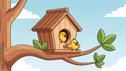 Cozy Birdhouse Scene Two Cute Birds on a Tree Branch