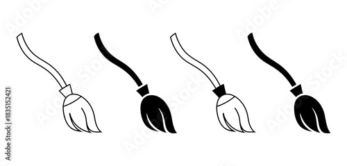 Four cartoon brooms, two in outline and two solid black, isolated on white background, suggesting witchcraft and cleaning tools.