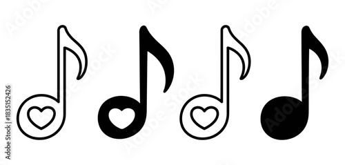 Set of four musical eighth notes, two with heart symbols, illustrating love for music and auditory art in a clean graphic design.