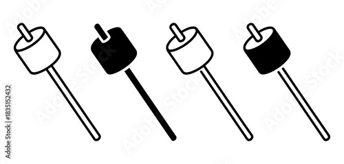Four marshmallow icons on sticks, two filled black and two outlined white, representing roasting or sweet confectionery for outdoor activities.
