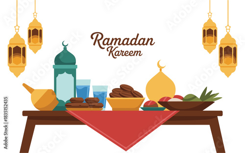 Ramadan Kareem Iftar Illustration: Traditional Islamic Feast with Dates, Water, and Lanterns Celebrating the Holy Month of Fasting and Prayer