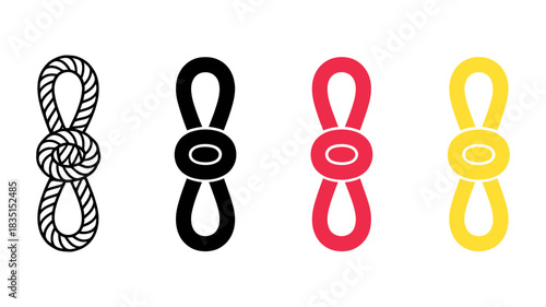 Four different representations of a knot: a detailed rope knot, a black silhouette, a red silhouette, and a yellow silhouette, isolated on white.