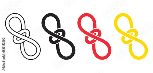 Four isolated graphic representations of a simple knot in outline, black, red, and yellow variations, abstract design element