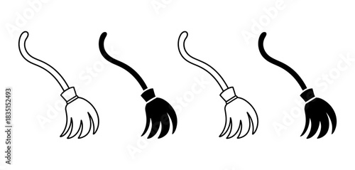 Four stylized witch brooms, two outlined in black and two filled in black, against a clean white background for halloween design