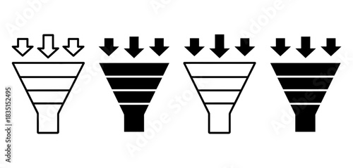 Four diverse funnel icons with downward arrows illustrating input flow and filtering processes, suitable for data and business concepts.