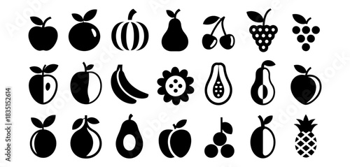 Collection of diverse fruit and vegetable silhouette icons, featuring apples, bananas, grapes, cherries, pears, plums, pineapple, and more, isolated on white.