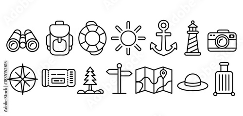 Collection of travel and vacation icons, symbolizing adventure, exploration, and leisure activities like camping, sailing, and sightseeing, presented in a clean outline style.