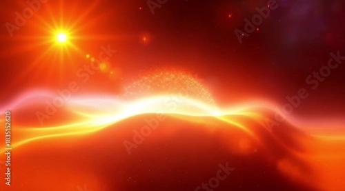 Glowing sun radiating bright light over abstract flowing red and orange waves creating energetic futuristic atmosphere. Abstract background concept