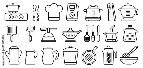 Collection of kitchen utensil and appliance icons, line art, depicting cooking, baking, and food preparation essentials for culinary use.