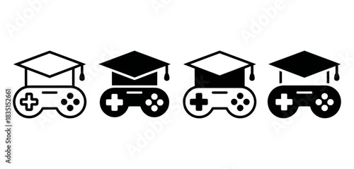 Graduation cap on video game controller icon, representing e-learning, digital education, gaming scholarship, and academic achievement in video games.