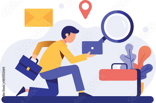 Job search on laptop with magnifier and briefcase isolated on white background