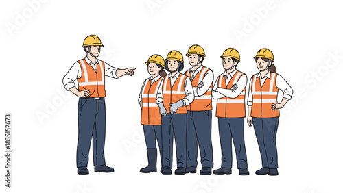 Construction team listening to foreman on job site, safety briefing before work, teamwork and leadership illustration on white