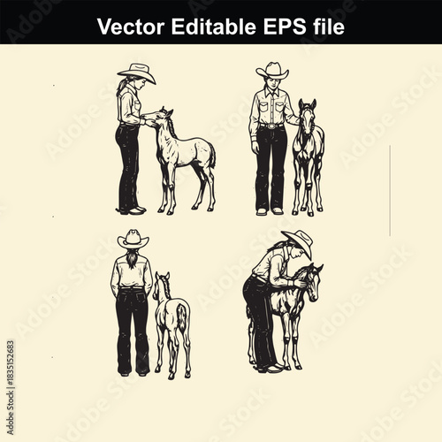 collection of four vector illustrations depicting cowboys and cowgirls interacting with horses and foals in various poses, suitable for western theme designs
