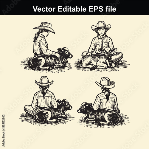 four vintage style vector illustrations depicting cowgirls in cowboy hats sitting with calves from different angles, perfect for western farm themes