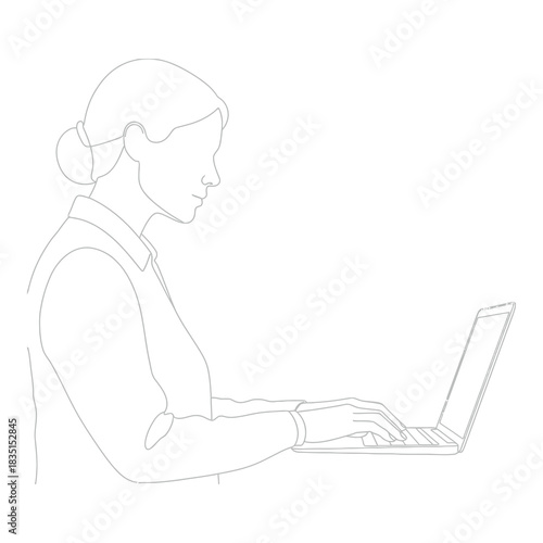 Elegant businesswoman works on laptop computer in modern office setting online