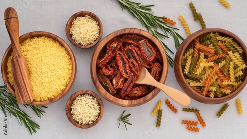 Colorful Pasta Varieties and Dried Tomatoes on Neutral Linen Background with Fresh Herbs