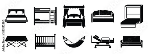 Furniture icons set. Different beds and seating arrangements for interior design.