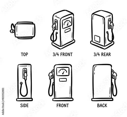 Gas pump views set. Top 3/4 front 3/4 rear side front back hand drawn line art illustration.