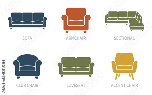 Furniture icons. Sofa, armchair, sectional, club chair, loveseat, and accent chair for home decor.
