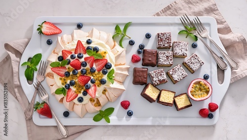 Colorful Dessert Platter with Pavlova, Fresh Fruits, and Chocolate Treats on Serving Board