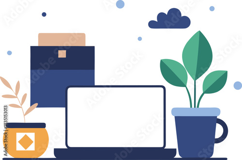 Remote work home office setup with laptop plant and coffee cup isolated on white background
