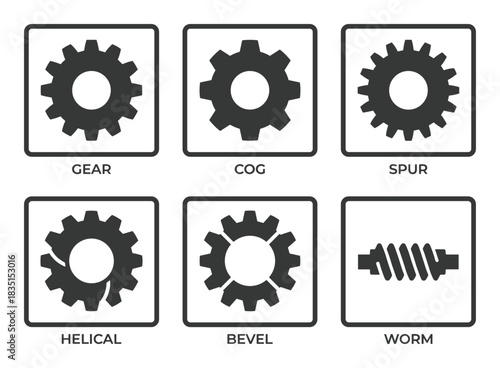 Gear icons collection. Cog spur helical bevel worm illustrations for mechanical engineering designs.