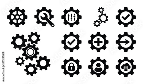 Gear icons for settings and tools. Cogwheel symbols for technical processes and adjustments in user interfaces.