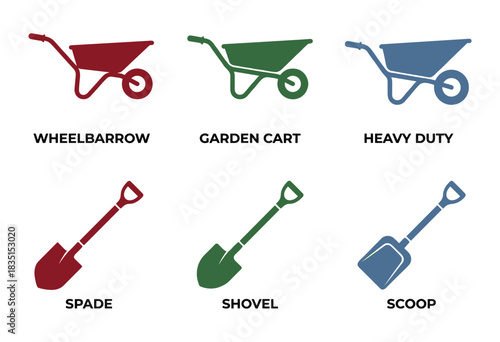 Gardening tools icons. Wheelbarrow garden cart heavy duty spade shovel and scoop symbols.