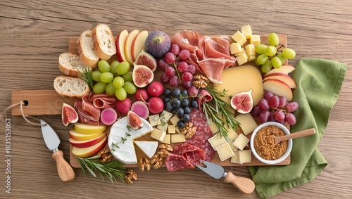 Colorful Fruit and Cheese Platter with Bread, Nuts, and Charcuterie on Wooden Board