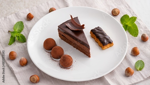 Delicious Chocolate Cake With Truffles And Biscuit On A White Plate With Mint Leaves
