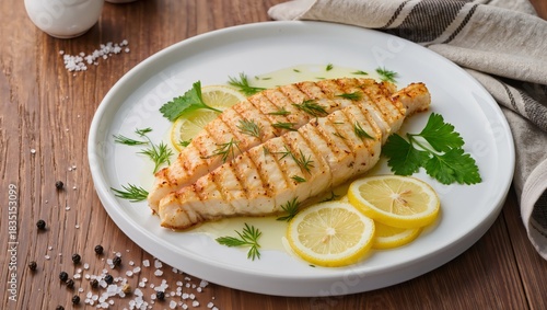 Grilled Fish Fillet with Lemon Slices and Fresh Herbs on Rustic Wooden Table