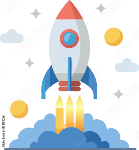 Startup rocket launch with smoke and flames taking off isolated on white background