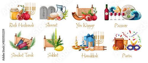 A set of Jewish holidays with images of symbols