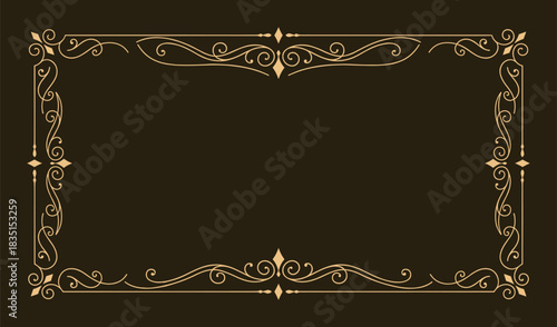 Golden ornate frame. Diamond shapes and elegant curves. Dark brown background. Decorative border.