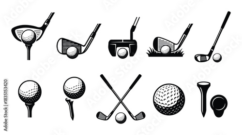 Golf club and ball icon set. Golf tee, crossed clubs, golf equipment. Sport game items.
