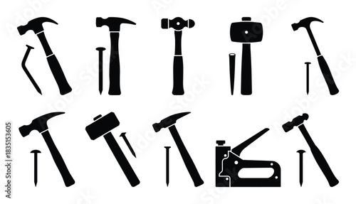 Hammers and nails tool collection. Different designs and styles of hammers vector set.