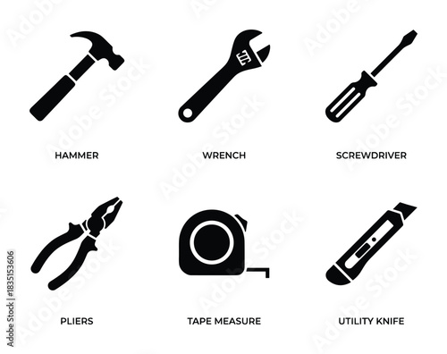 Hammer, wrench, screwdriver, pliers, tape measure, utility knife icons for handyman, construction, repair