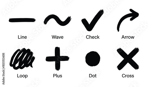 Hand drawn brush stroke shapes. Line wave check arrow loop plus dot and cross marks.