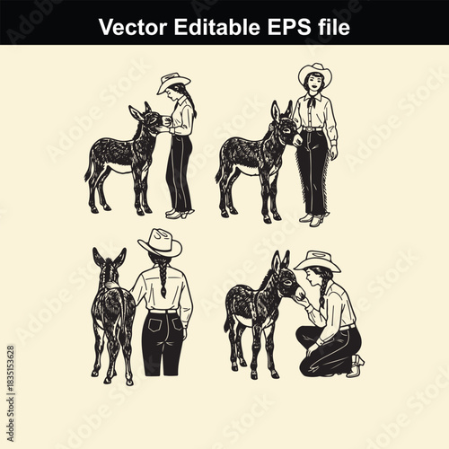 vector editable eps file featuring four illustrations of cowgirls interacting with donkeys or mules in various poses, presented as black and white line art