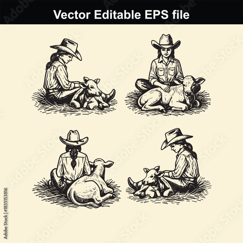 vintage style vector illustration set depicting four different poses of a young cowgirl sitting and caring for a small calf or baby cow, suitable for western theme designs