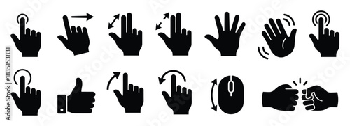 Hand gestures and computer mouse interactions. Touchscreen movements flat design vector set.