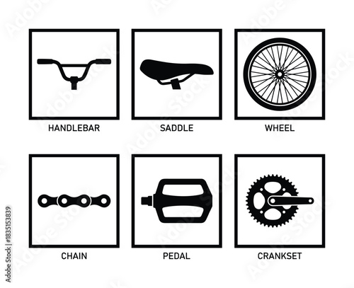 Handlebar, saddle, wheel, chain, pedal, crankset parts for bike maintenance and repair