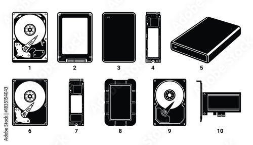 Hard drive and ssd storage devices set, hdd and ssd disks storage units outline and filled.
