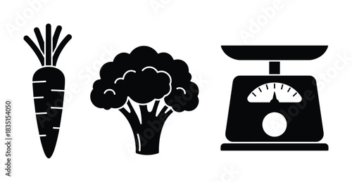 Healthy eating and cooking icons; carrot, broccoli, kitchen scale; diet planning and nutrition.