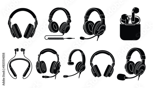 Headphones collection, wireless and wired headset with microphone gadgets for audio.