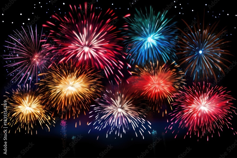Naklejka premium Vibrant fireworks exploding in the sky night smoke black background.