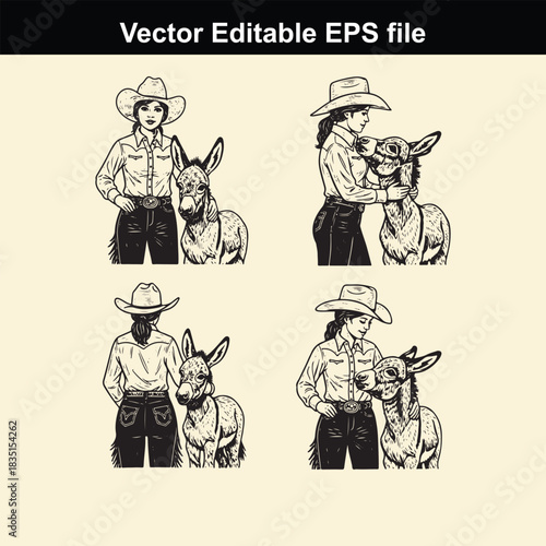 set of four vector illustrations depicting cowgirls in western attire interacting affectionately with donkeys or mules, presented in a vintage black and white line art style