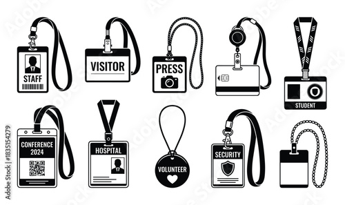 ID badge and lanyard collection. Staff, visitor, press, student, conference, hospital, and security pass symbols.