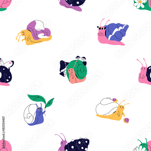 Repeatable pattern of cute snails characters with different emotions. Endless background of kawaii slugs with various shell houses and happy, angry and sad faces. Flat seamless vector illustration
